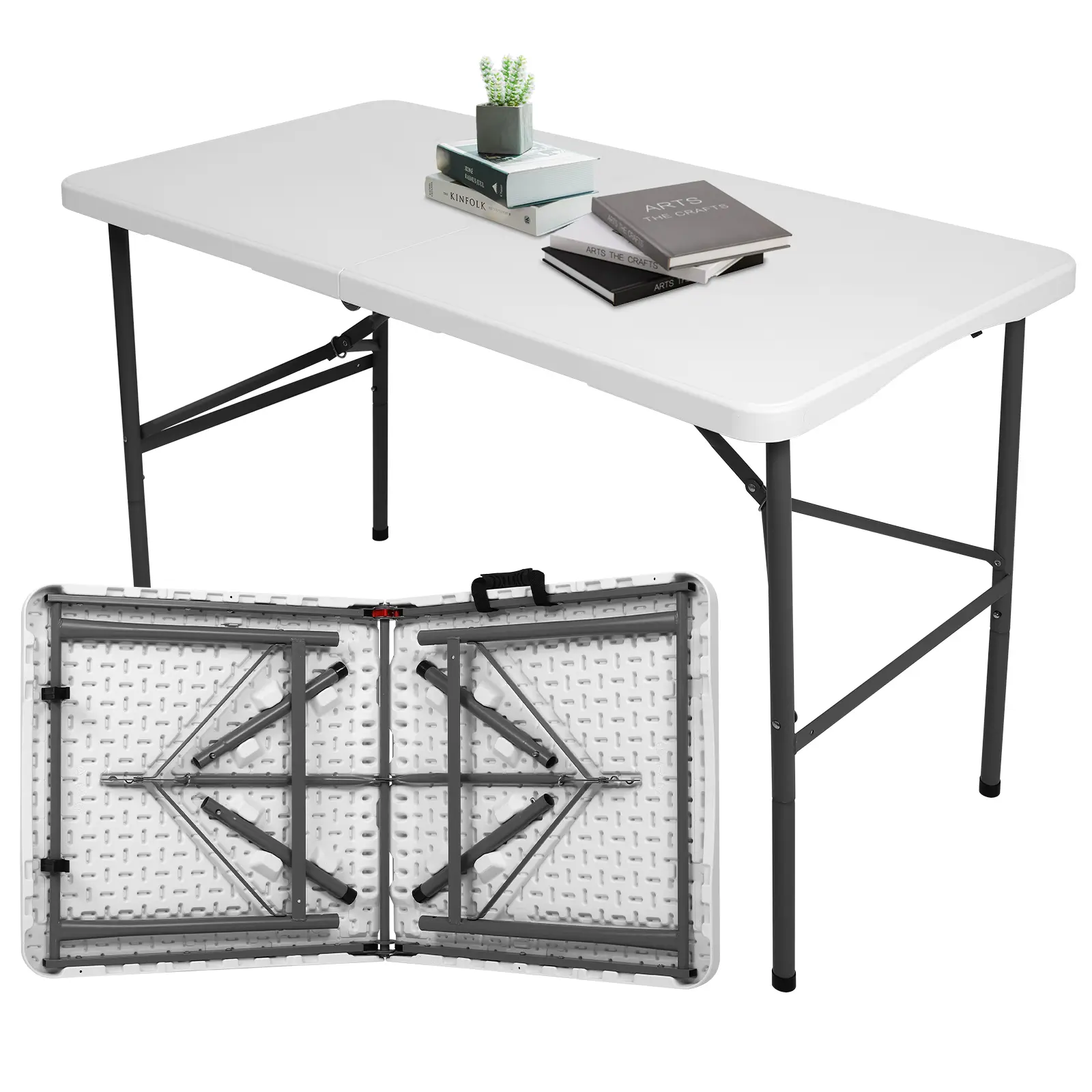 FASTWING 4FT Plastic Folding Outdoor Picnic Table, Portable Indoor Lockable Table with Handle for Camping, Party - White