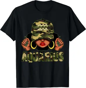 100%cotton Aquarius Queen Black Woman With Cap Camo Afro Girl Zodiac T-Shirt Top Womenswear