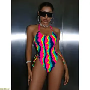 Women's Tie Dye Neon Halter Backless One Piece Swimsuit, Stretch Body Fit Swimwear With Eye Catching Color Pattern, Stylish Apparel for Summer Beach, Poolside Leisure And Seaside Resort Vacation,summervibes Adjustable Sheer Lace Babydoll Nightwear