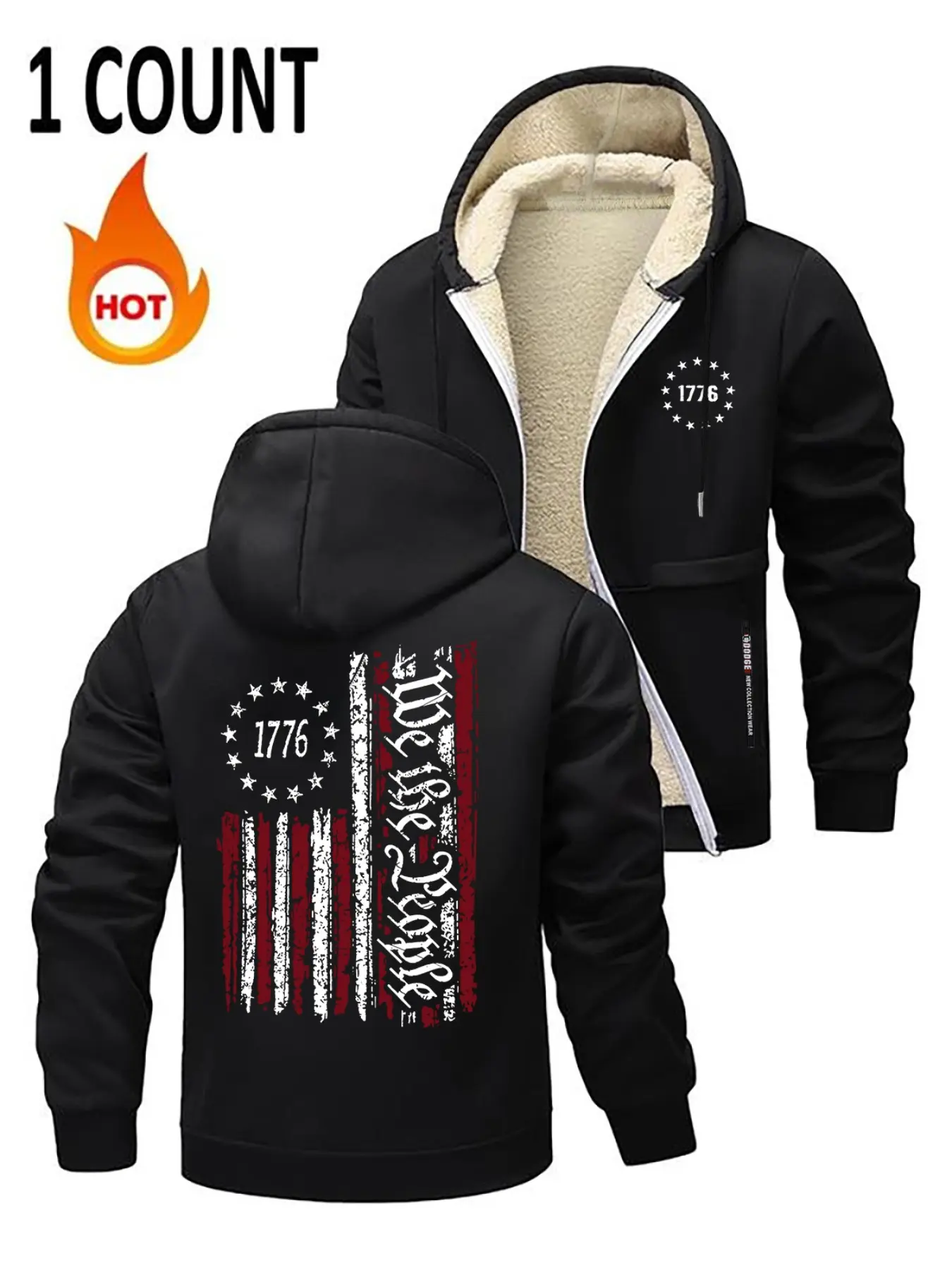 Men's Casual Digital Flag Print Fitted Knit Hooded Long Sleeve Jacket, Zipper Design Thickened Fleece Coat, Comfortable Fashion for Outdoor Streetwear Outerwear