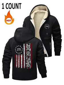 Men's Casual Digital Flag Print Fitted Knit Hooded Long Sleeve Jacket, Zipper Design Thickened Fleece Coat, Comfortable Fashion for Outdoor Streetwear Outerwear