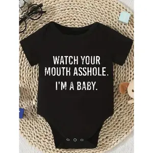 Cute Baby Bodysuit With Watch Your Mouth ... I'M A Baby Print Soft Versatile Round Neck Button Detail Regular Fit All Seasons Knitted Fabric Onesie
