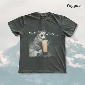 Funny Opossum Coffee Shirt, Iced Coffee Lover Graphic Tee, Cute Night Aesthetic Animal T-Shirt
