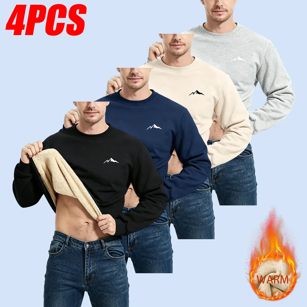 Men’s four-pack ultra-warm fleece-lined crewneck sports shirts with mountain print, thick and insulated pullover design, soft long sleeves—ideal for autumn and winter everyday casual wear and outdoor activities. Available in multiple colors.