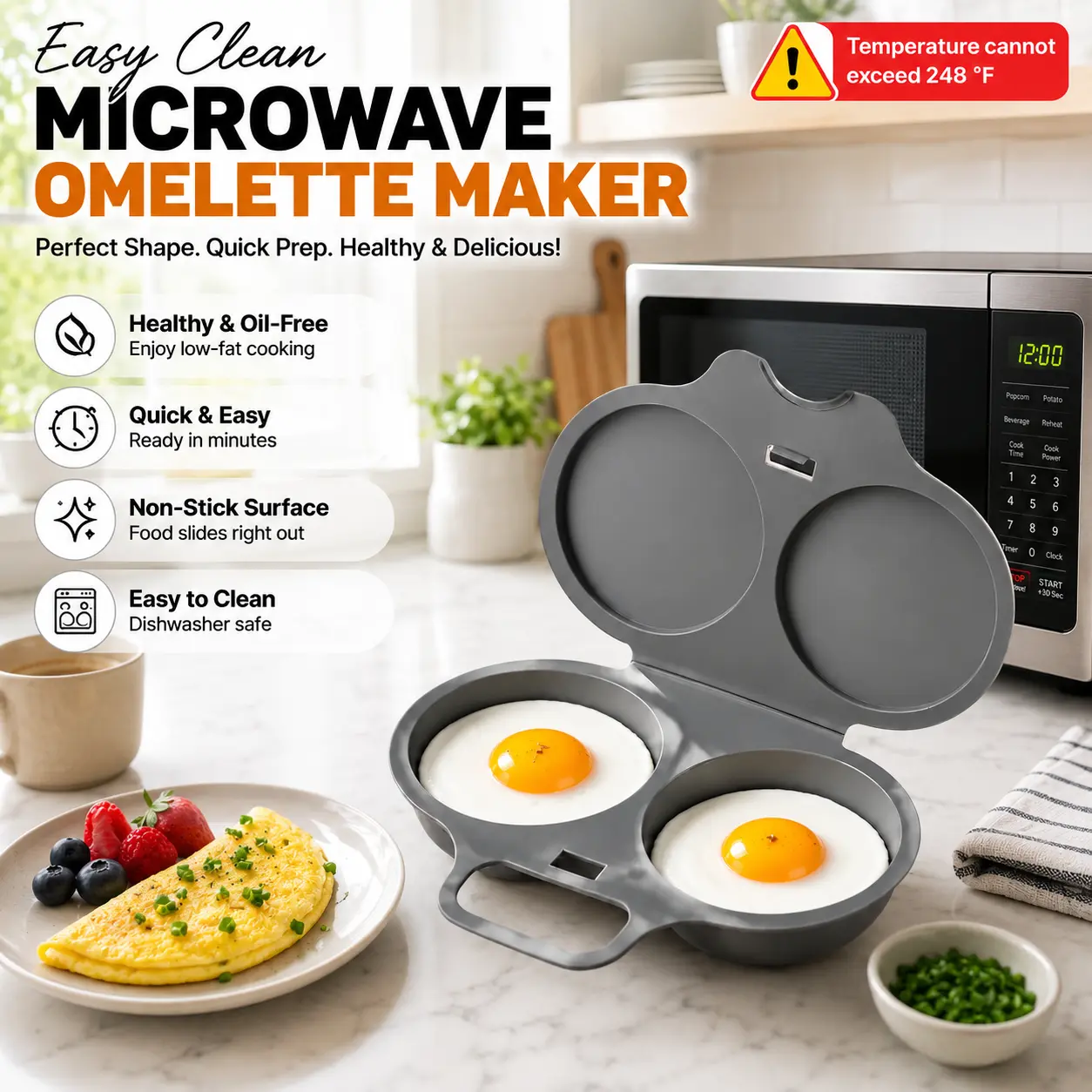 Kitchen Gadgets Dark Gray 2-Cup Round Non-Stick Microwave Omelette Maker - BPA-Free Food-Grade PP Plastic, Quick Prep, Round Shape, Healthy Cooking, Dishwasher-Safe Egg Cooker