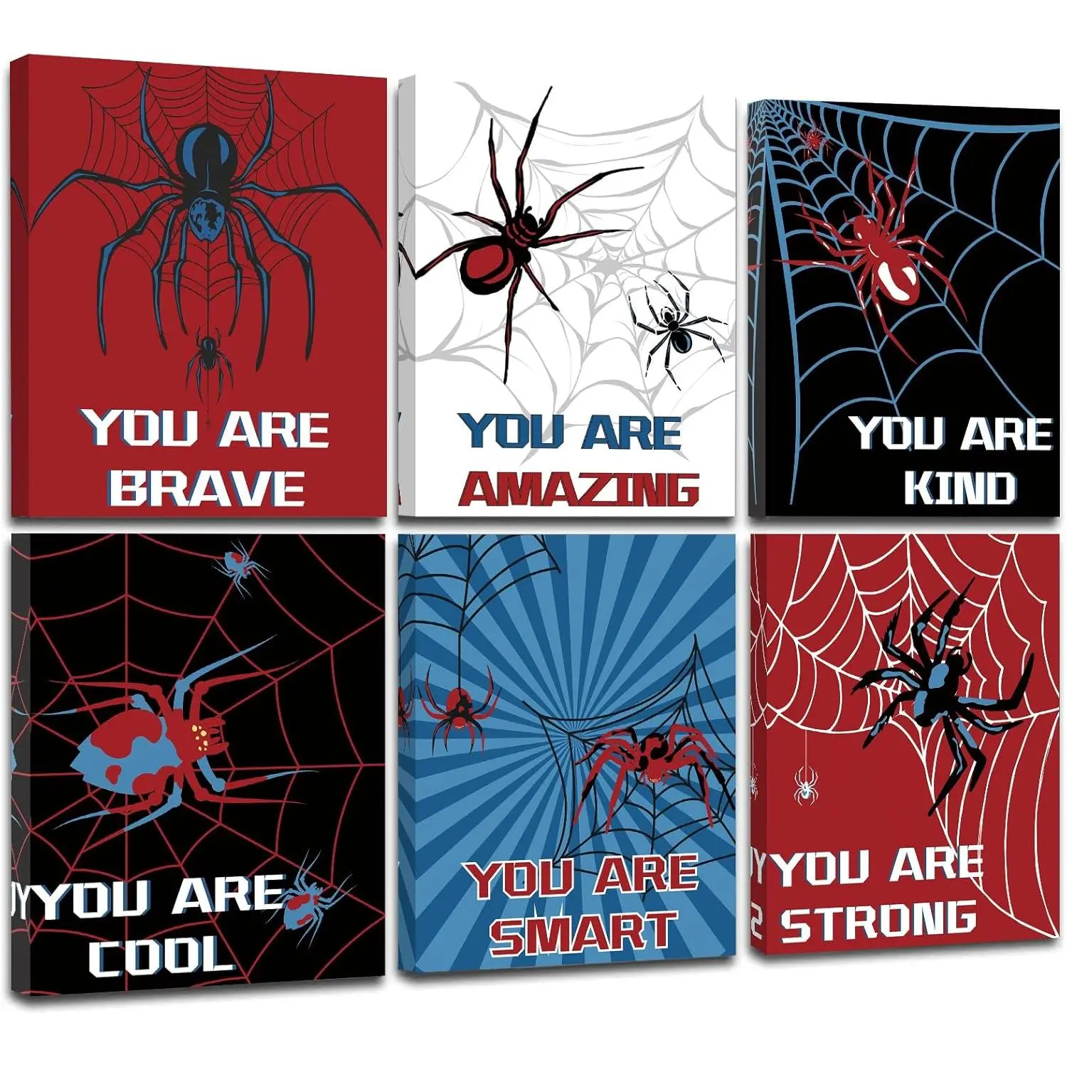 FRAMED Spider Room Decor for Boys, Spider Wall Art for Boy Wall Decor, Spider Wall Decor for Bedroom Bathroom   Room, Ready to Hang(Set of 6, 8x10 Inch, Framed)