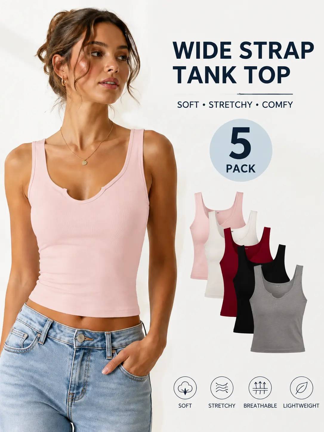 【Free Shipping】Women's 5-Pack Elastane Wide Adjustable Strap Camisole Tank Tops with Built-in Bra, Stretchy Seamless V-Neck Ribbed Chic Classic All-Seasons Basic Cami, Soft Breathable Layering Shirt for Workout, Lounge, S-XXL