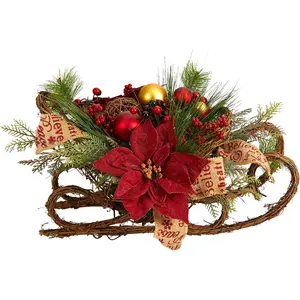 18in.Christmas Sleigh with Poinsettia, Berries and Pinecone Artificial Arrangement with Ornaments