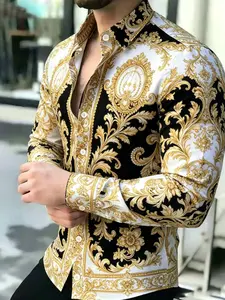 Men's Vintage Baroque Print Long Sleeve Shirt, Casual Collared Top, Slim-Fitting, All Seasons, Classic Style, Comfortable and Stylish