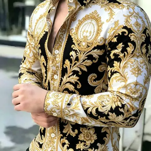 Men's Vintage Baroque Print Long Sleeve Shirt, Casual Collared Top, Slim-Fitting, All Seasons, Classic Style, Comfortable and Stylish, Casual Fitted Shirt