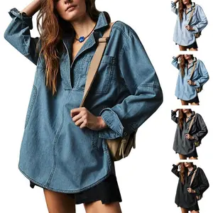 Women's Denim Pullover Casual Notch V Neck Blouse Loose Fit Long Sleeve Jean Jacket with Pocket Womenswear Button Plain Fitted All Seasons Chic Stylish