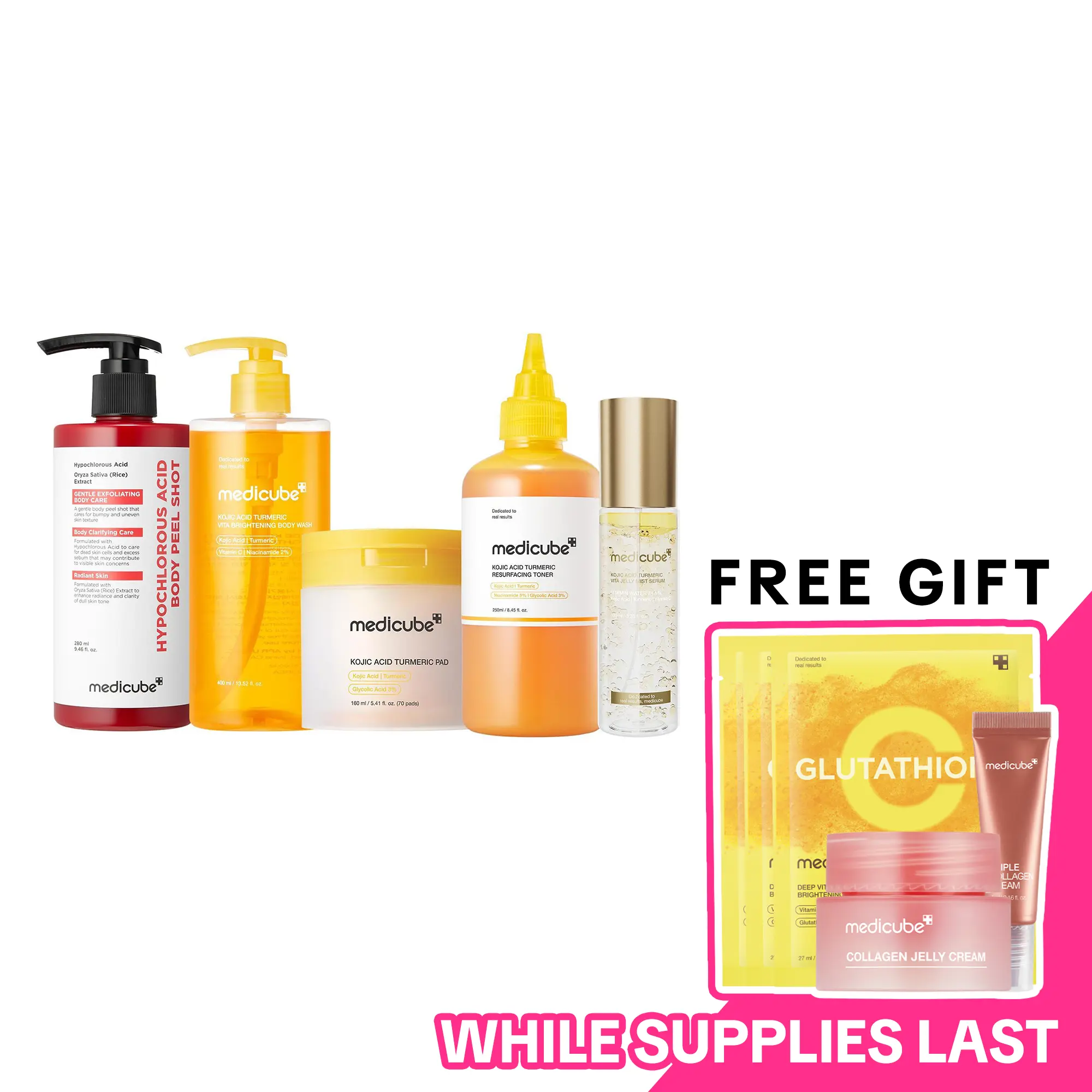[medicube] Smooth & Clear Body Care Set | Hypochlorous Acid Body Peel Shot, Kojic Acid Turmeric Body Wash, Toner Pad, Toner, Mist | Exfoliating for Dead Skin Cells & Excess Sebum & Clearing for After Spots, Texture & Uneven Skin Tone | K-Beauty
