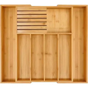 Bamboo Expandable Silverware Drawer Organizer for Kitchen, Multifunctional Cutlery Tray with Divider and Knife Block, Expandable Utensil Storage Organizer for Kitchen Drawer