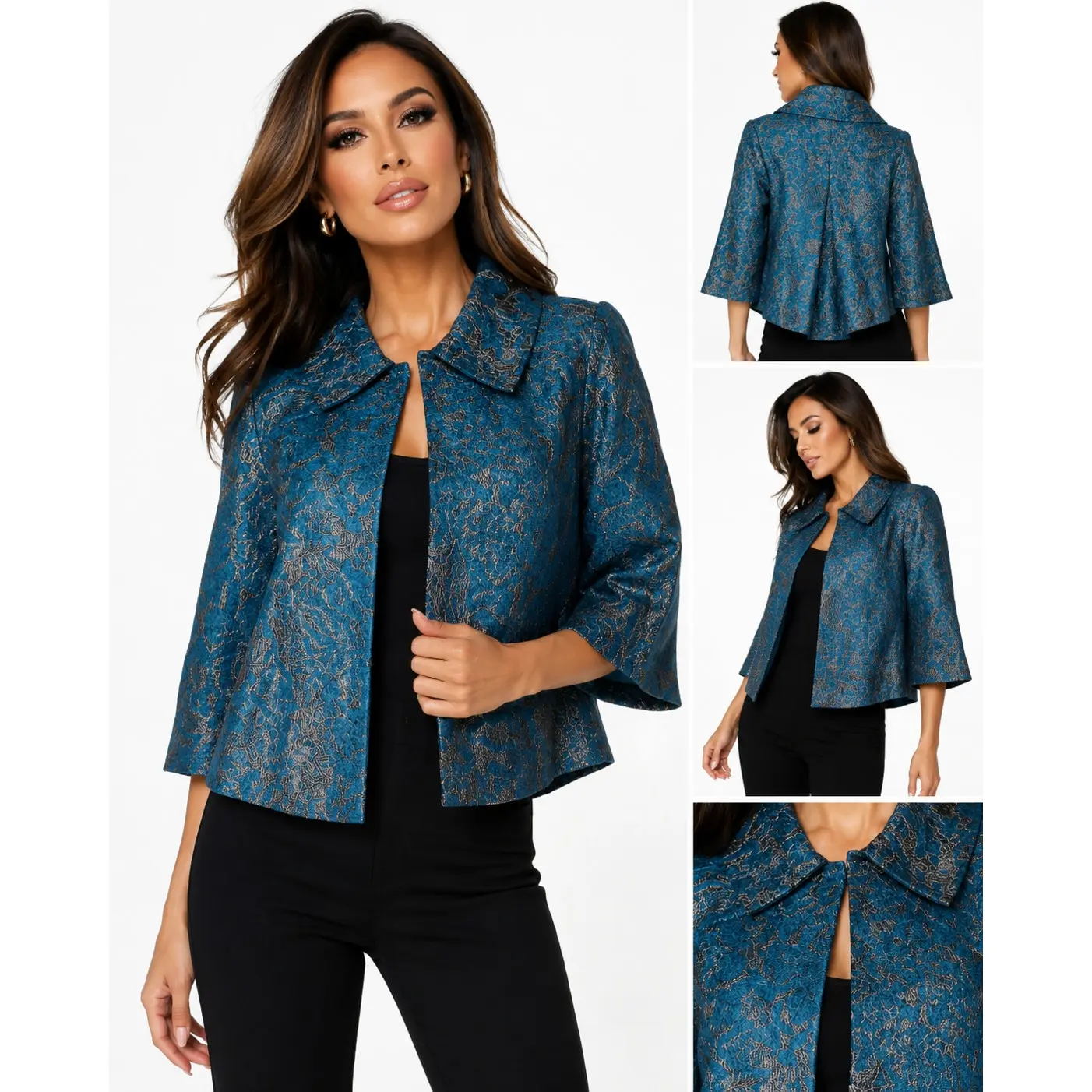 CAbi Lisboa Topper Jacket Womens XS Teal Silver Jacquard Wool Blend Cape #168
