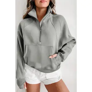 Gray Zip Up Stand Collar Ribbed Thumbhole Sleeve Sweatshirt