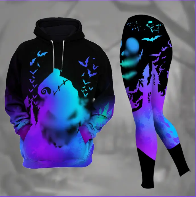 Galaxy Nightmare Hoodie and Leggings Set 2026, Purple Halloween Graphic Pullover Sweatshirt and Matching Leggings, Spooky Gothic 3D Print Outfit for Women, Cozy Fall Casual Streetwear, Halloween Party Costume and Gift