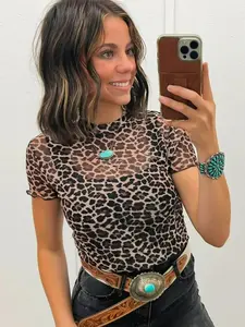 Women's Leopard Print Sheer Mesh Short Sleeve Top - Casual Round Neck Lettuce Trim Slim Fit T-Shirt Blouse, Khaki