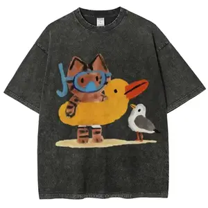 Cat and Seagull Unisex Vintage Washed T-Shirt, Unisex Vintage Washed T-Shirt, Vintage Colorful T-Shirt - Loose Fit Shirt - Natural Color, Holiday Gift