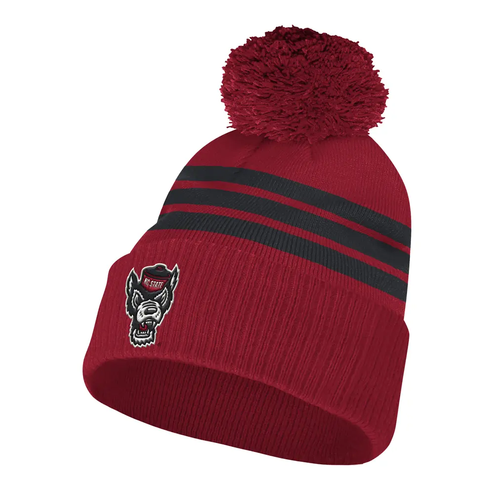 adidas Mens Nc State Wolfpack 3-Stripes Cuff Pom Beanie Casual - Red adidas Mens Nc State Wolfpack 3-Stripes Cuff Pom Beanie Casual - Red
