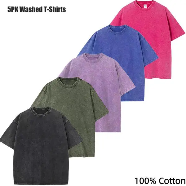 Men's 5-Pack 100% Cotton Oversized Drop Shoulder Round Neck Shortsleeve Tops - Vintage Acid Washed, Solid Dyed Mineral Wash, Distressed Festive Blank Tees for DIY Printing, Loose-Fit Casual Shirts, T-Shirt