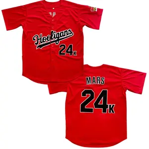 24K Mars Red And White Hooligans Hip Hop Rap Baseball Jersey Unisex Embroide shirt baseball top