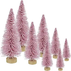 8 Pcs Artificial Mini Christmas Trees with Wood Base for Christmas Xmas Holiday New Year - Pink
