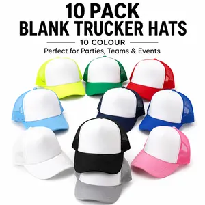 10 Pack Blank Foam Trucker Hats, 10 Color Set Mesh Snapback Baseball Caps Bulk, Custom DIY Plain Front Hats for Parties, Teams & Events