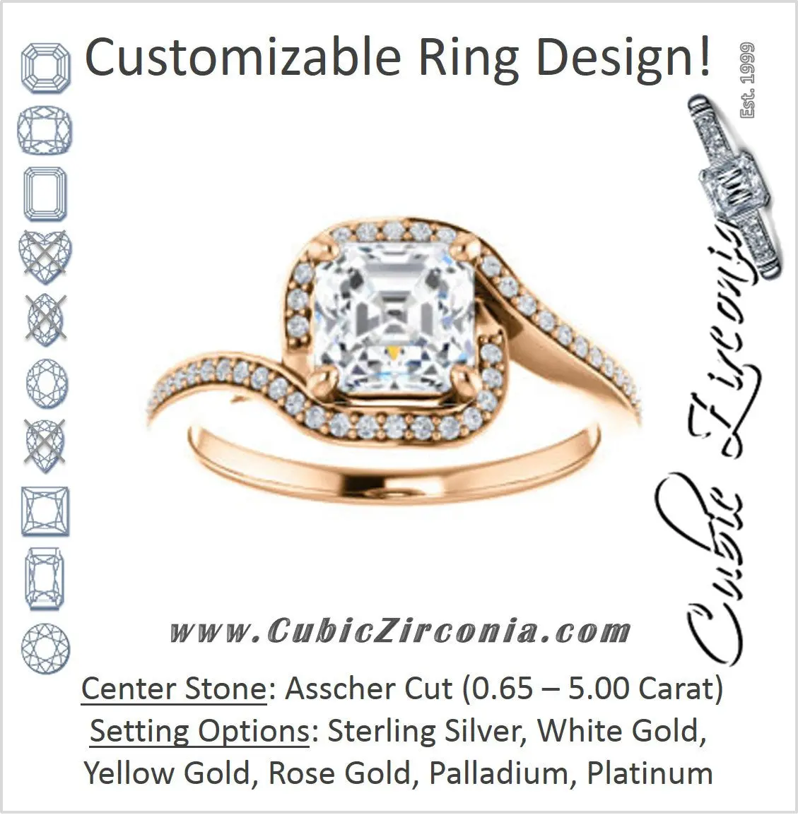 Cubic Zirconia Engagement Ring- The Annalisa (Customizable Asscher Cut Bypass with Twisting Pavé Band)