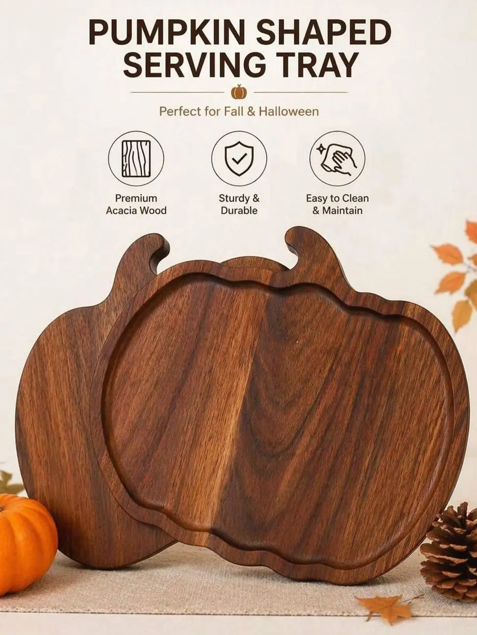 Pumpkin Shaped Wooden Serving Tray, Natural Wood Decorative Serving Platter, Kitchen Prep & Charcuterie Board for Halloween, Thanksgiving, Christmas, Holiday Parties & Home Decor