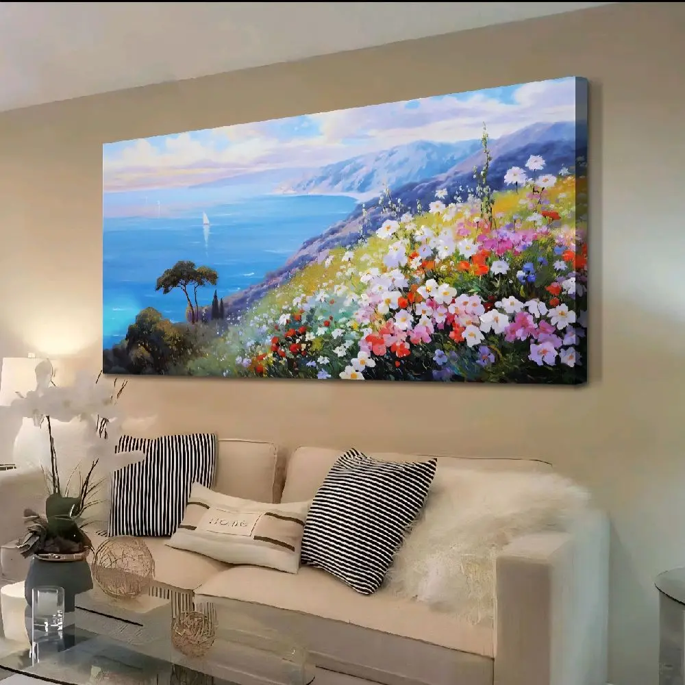 Earthly Blue Ardemy Flowers Wall Art Canvas 40x20 Blue Ocean Lighthouse Seascape Coastal Picture Textured Floral Artwork Large Framed for Living Room Bedroom Bathroom Home Office Wall Decor