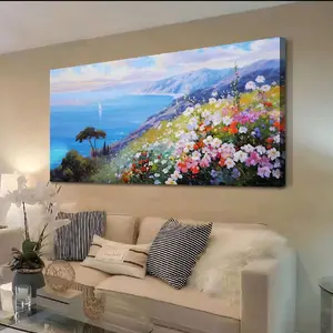 Earthly Blue Ardemy Flowers Wall Art Canvas 40x20 Blue Ocean Lighthouse Seascape Coastal Picture Textured Floral Artwork Large Framed for Living Room Bedroom Bathroom Home Office Wall Decor