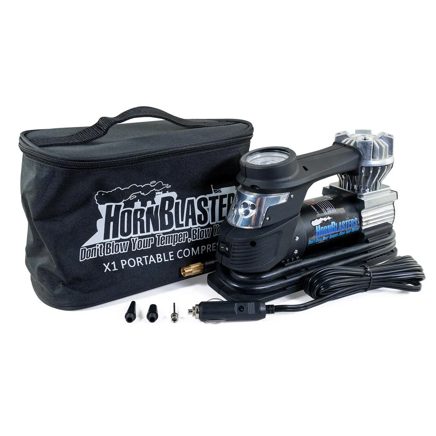 HornBlasters X1 Portable Air Compressor Vehicle Tire Inflator with LED Work Light & Carrying Bag Included 12V DC 15A 120PSI HornBlasters X1 Portable Air Compressor Vehicle Tire Inflator with LED Work Light & Carrying Bag Included 12V DC 15A 120PSI