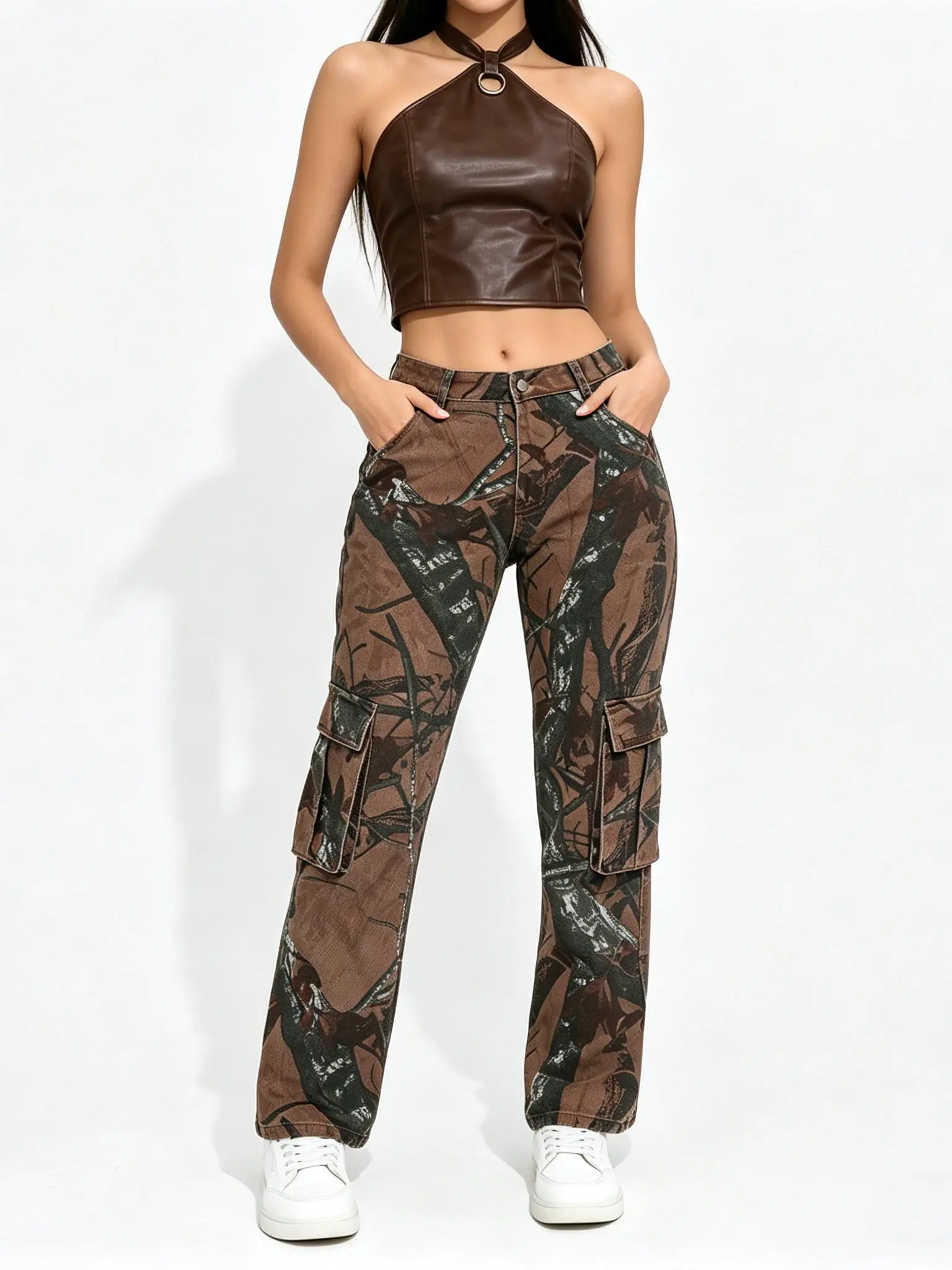 Womenswear Vintage Leaf Camouflage Cargo Jeans unique print