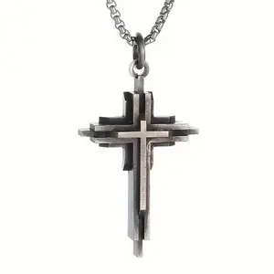 Modern Layered Cross Necklace for Men & Women | Christian Faith Pendant | Minimalist Gothic Cross Jewelry | Unisex Religious Necklace | Bold Jesus Cross Charm for Daily Wear, Streetwear, Church, Prayer, Gifts for Him or Her