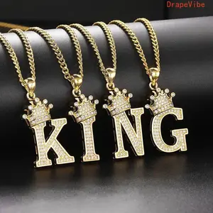 18K Gold Plated Stainless Steel Necklace, Crown Pendant With Zirconia Letter K, Retro Hip-Hop Jewelry For Daily Wear And Parties