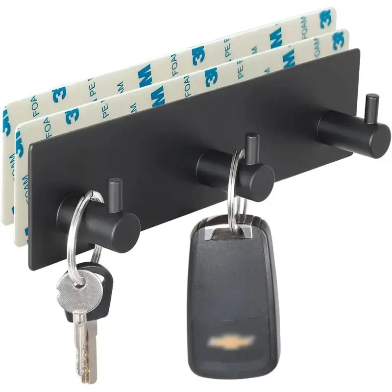 Key Holder for Wall with 2 Self-Adhesive Tapes, No  Key Holder Rack for Wall with 3 Key Hooks for Entryway, Door, Bathroom, Kitchen(Black)