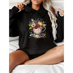 Women'S Floral Tea Cup & Hummingbird Print Hooded Sweater - Loose Fit Long Sleeve Pullover with Multicolor Botanical Design Hoodie