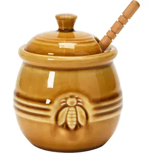 Decorative Farmhouse Kitchen Round Embossed Stoneware Honey Pot Canister, Playful Bee Design, Oven-Safe, Amber Orange Finish, Included Wooden Honey Dipper