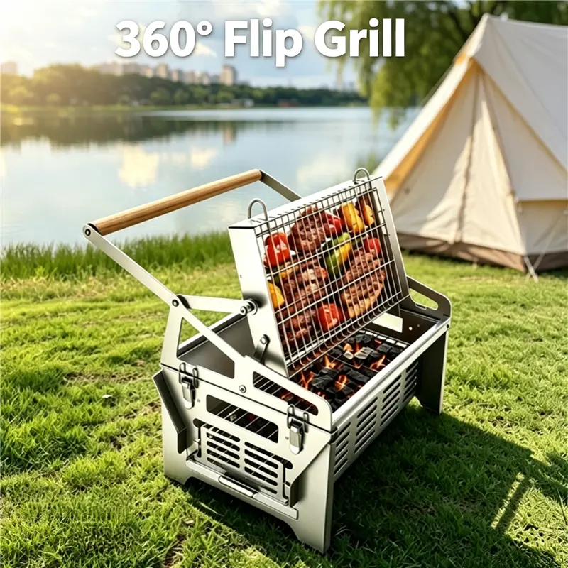 Portable 360° Rotating Charcoal Grill with Flipping Basket, Steel BBQ Grill for Camping, Tailgating & Outdoor Cooking, Easy Disassemble, Charcoal & Wood Fuel