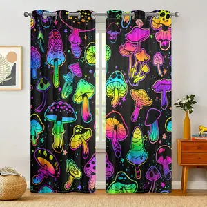 Mushroom Print Curtain, 2 Counts/set Semi Blackout Curtain, Colorful Decorative Window Curtain, Home Decoration Curtain for Living Room Bedroom Office Decor