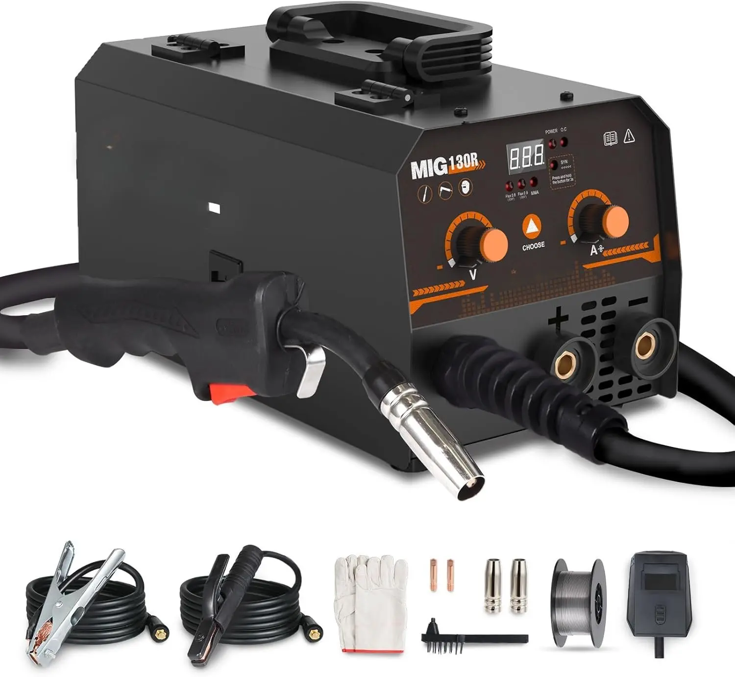 130Amp 110V 2-in-1 Gasless MIG Welder - Flux Core/Stick Welder with Synergic Control, IGBT Inverter, Portable Wire Feed, Ideal for Metal Welding, Includes Gloves, Brush, Welding Mask