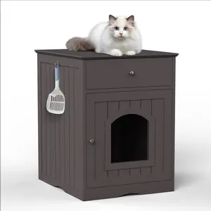 Wooden Cat Litter Box Enclosure with Drawer & Side Table, White
