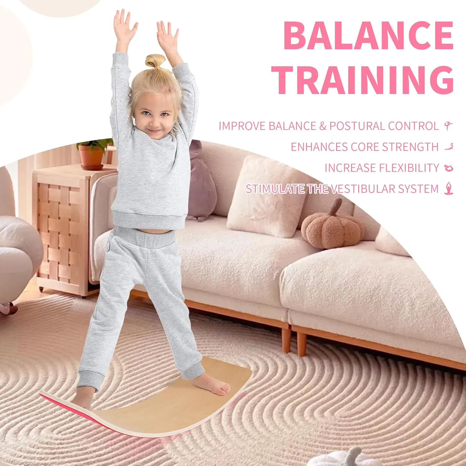 Fitness Balance Board Wooden Wobble, 32 Inch Montessori Rocker Yoga Curvy Board Natural Wood