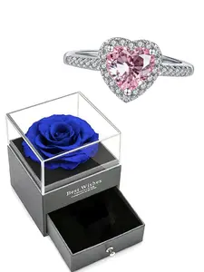 Heart Diamond Ring Hidden in Eternal Rose Box, Exclusive Romantic Gift, Valentine's Day Present, Adjustable Jewelry Gift, Heart Shaped Ring, Heart Cluster Ring
