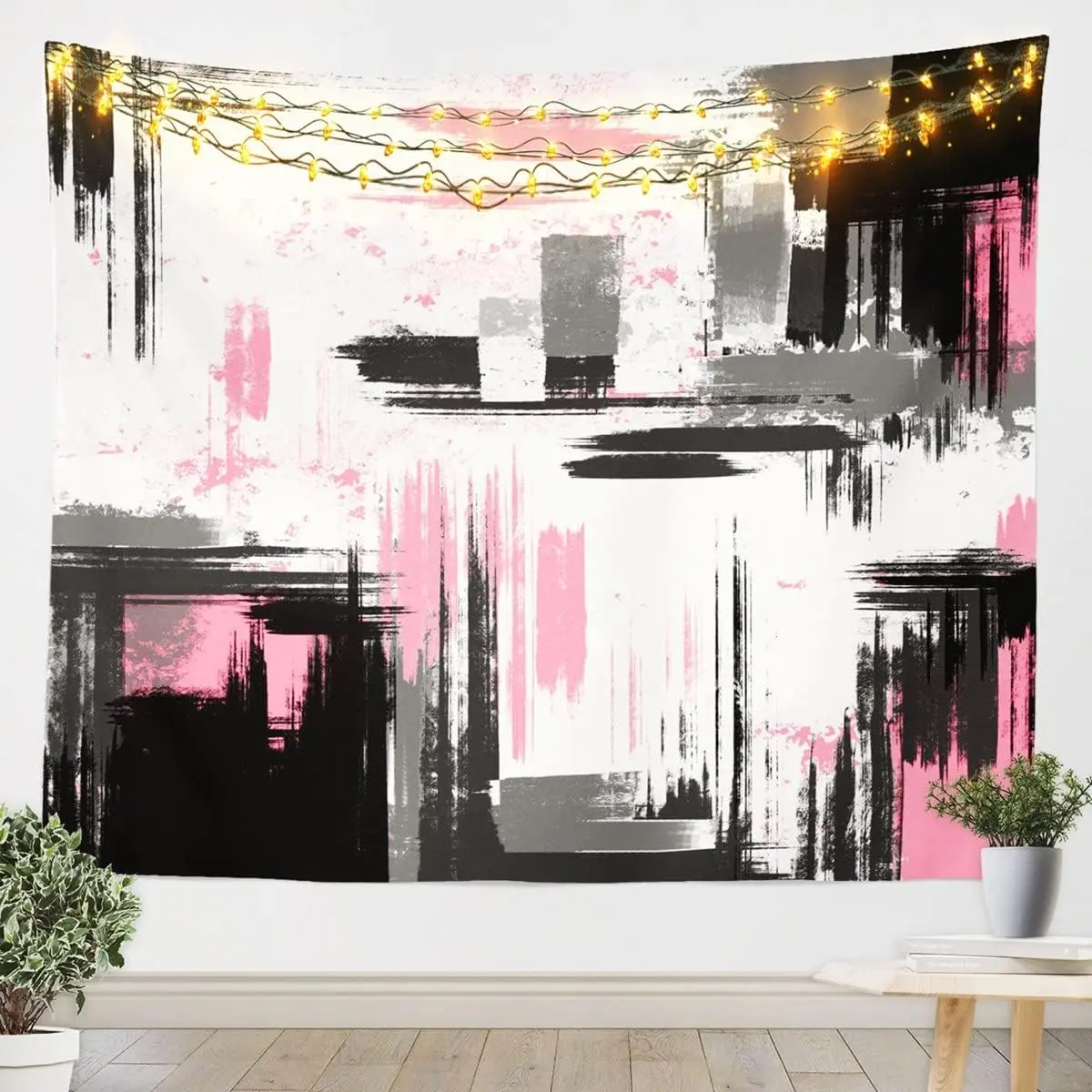 Feelyou Abstract Pattern Tapestry Wall Mural - Synthetic Soft Retro Blush Pink-White-Black Lightweight 59.1in x 59.1in Colorful Modern Tapestries, Machine Washable Cold Wash Quick-Dry Indoor Adult Room Decor, Suitable for Living Room Outdoors, Brightening