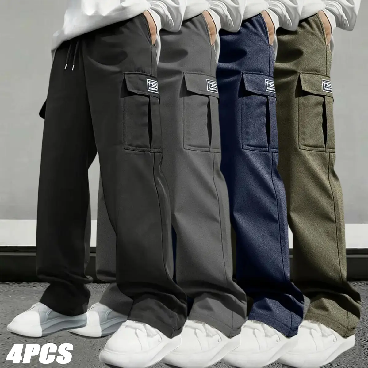 Men's Plain Athletic Cargo Pants (Pack of 4) - Drawstring Design, Pocket Feature, Suitable for Sports, Everyday Wear, Commuting, Menswear Gift, Activewear, Sportswear