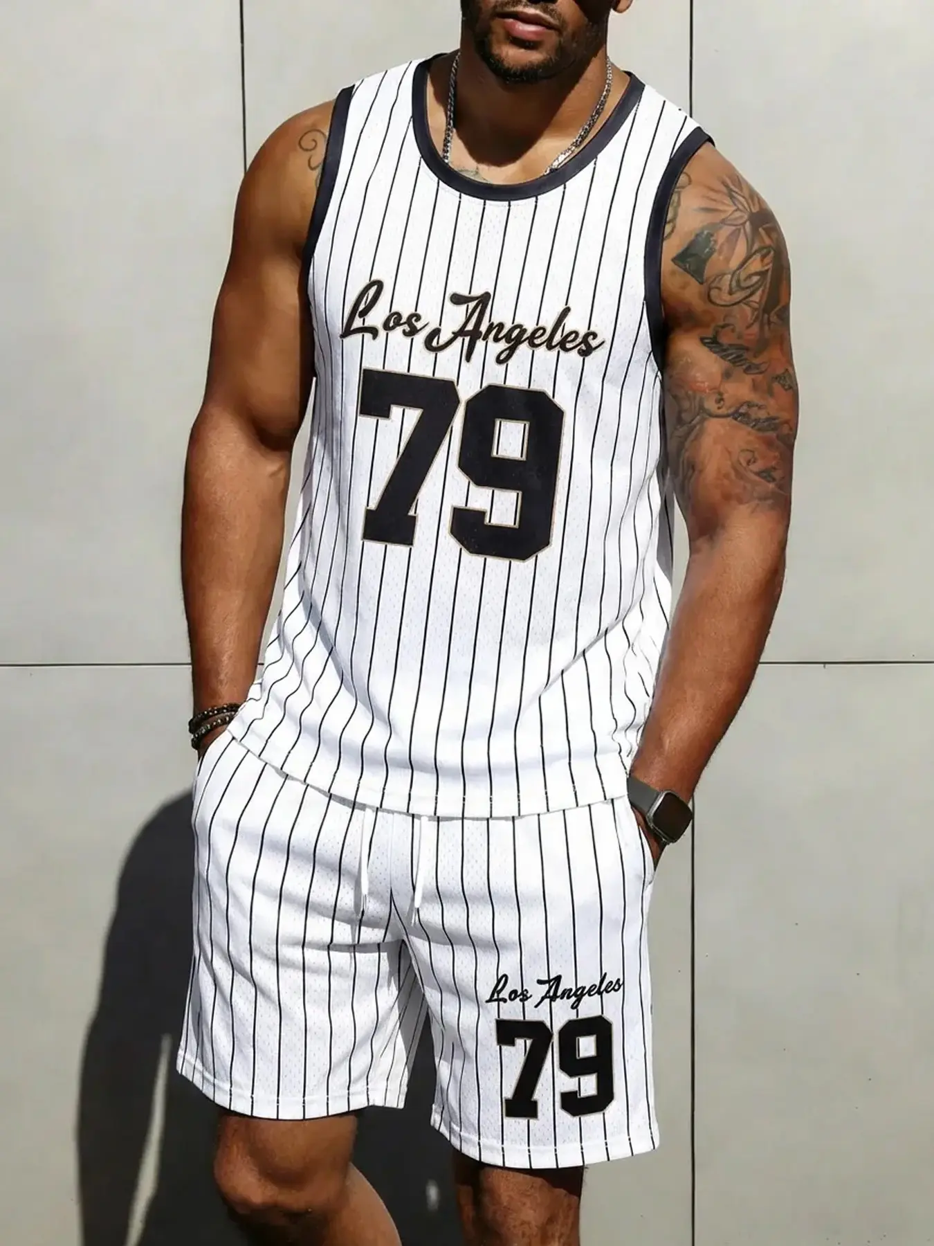 Retro Striped Mesh Basketball Jersey Outfit Set for Men, Gym Outfits, Moisture Wicking Drawstring Shorts & Sleeveless Tank Top, One Set for All Occasions - Gym, Daily Casual, Street Style and Game Day