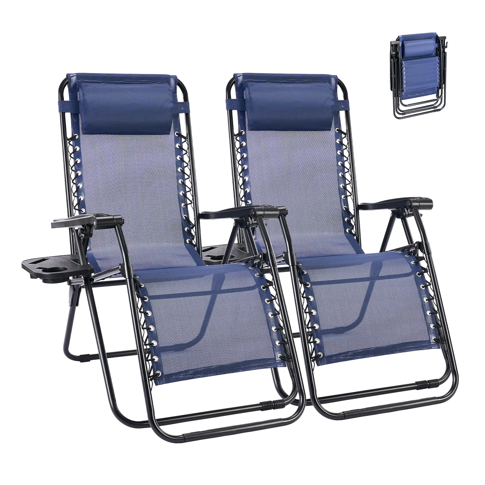 Set of 2 Portable Folding Recliner Chairs, Indoor & Beach/Camping, Outdoor Folding Lounge Chair with Adjustable Pillow, Cup Holder Trays & Trunk, Outdoor Home Chair, Portable Folding Seat