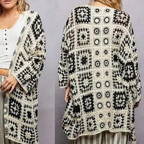 POL 3/4 Sleeve Granny Square Crochet Open Cardigan