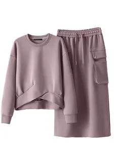 Two-piece Set Women's Crew Neck Long Sleeve Pullover Sweatshirt & Drawstring Skirt, Loose-fitting Thick Fabric, Stylish Clothing Set  for Fall Winter